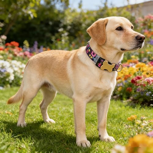 Personalized Custom Customized Silent No Jingle Dog Collar with Engraved ID Dog Name Phone Number/Dog Collars for Puppy X-Small Small Medium Large X-Large Boy Girl Dogs-Black Flower-XS - color: 5 Black Flower, size: X-Small (0.6" *7.8"-11.8")