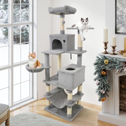 PETSITE 66 Inches Tall Cat Tree, Multi-Level Cat Tower with Sisal Scratching Posts, Side Basket, 2 Comfy Condos, Hammock, Soft Padded Top Perch, and Hanging Balls, Ideal for Indoor Cats (Grey) - color: Grey