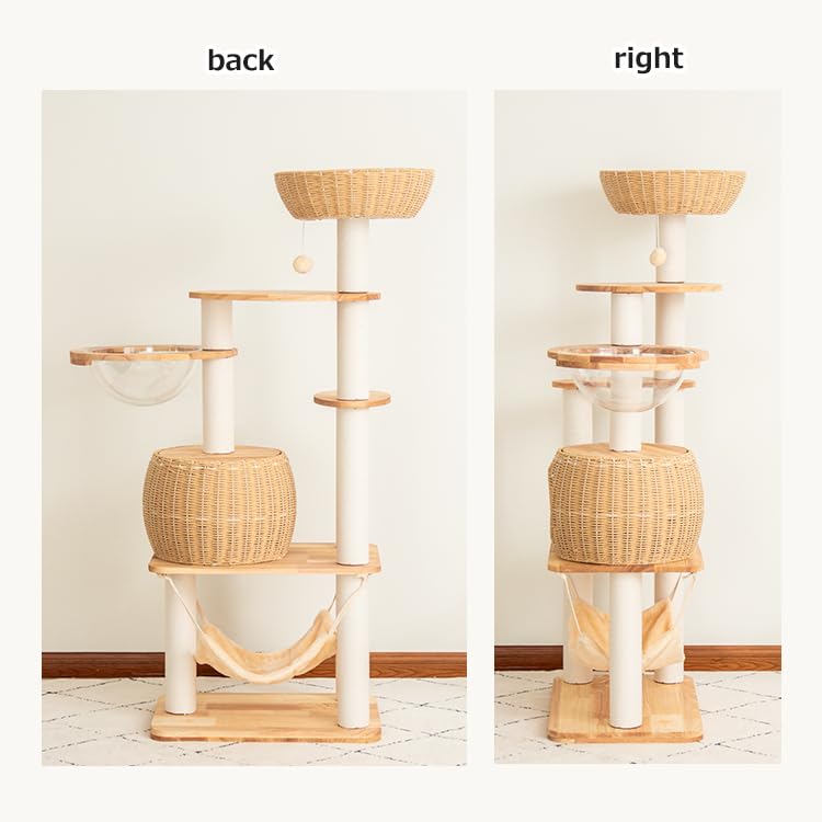 Wood Cat Tree for Large Cat, 57-Inch Tall Cat Tower with Scratching Post for Indoor Cats, Multi-Level Cat Condo with Hand-Woven Cat Bed and Hammock Acrylic Bowl Easy to Clean (DC888) - color: Nature DC888