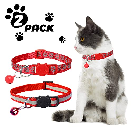 2 Pack Reflective Cat Collar Breakaway with Bell,Personalized Kitten Collars,Adjustable Safety Buckle Collar for Male Cats Girls & Boys (Red) - color: Red