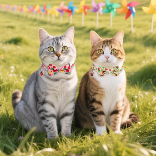 Cat Collar with Bell Bow Tie Fruit Breakaway Bowtie Cat Collar for Spring Summer, Adjustable Safety Kitten Collars with Removable Bowtie & Charm for Boys Girls Male Female Cats - color: Fruit Pink + Green