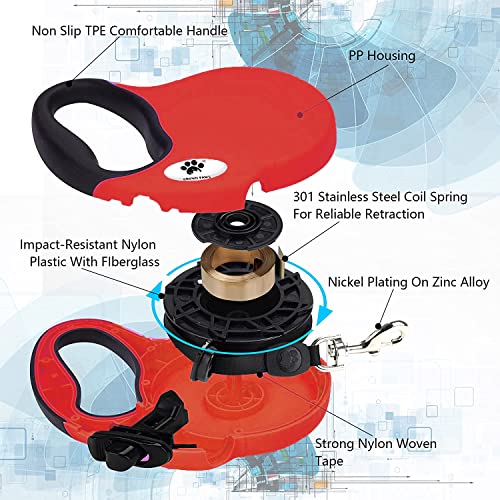 16 ft Retractable Dog Leash for Large Dogs up to 44 lbs,Tangle-Free Nylon Tape,Red M - color: red, size: Medium