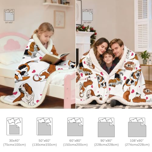 BlessLiving Basset Hound Blanket 50x60 Inches with Red Hearts, 3D Animal Print Plush & Sherpa Dual Sided Throw - Ultra Warm Soft Fleece Blanket for Adults, Kids, Pet Lovers, Cute Dog Gift - color: Basset Hound, size: Throw, 50 x 60 Inches