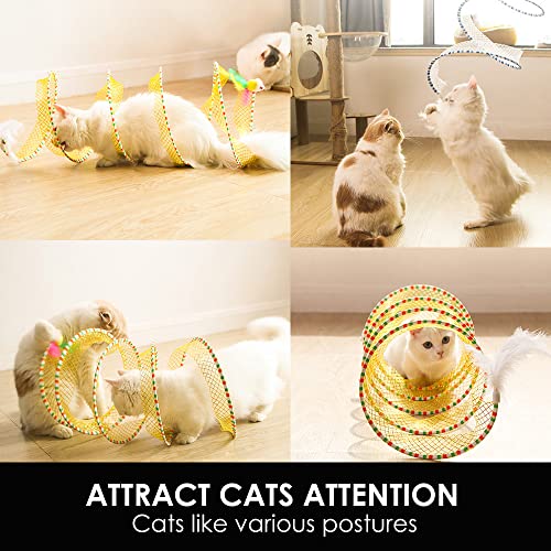 Spiral Tunnel Cat Toy, 25.59 Inches Unfolded with Cat Wand Self Play Collapsible, Hunting Spiral Tunnel with Feather Mouse Toys and Bell for Indoor Kitten Play Chase Exercise (Blue) - color: Blue+Pink