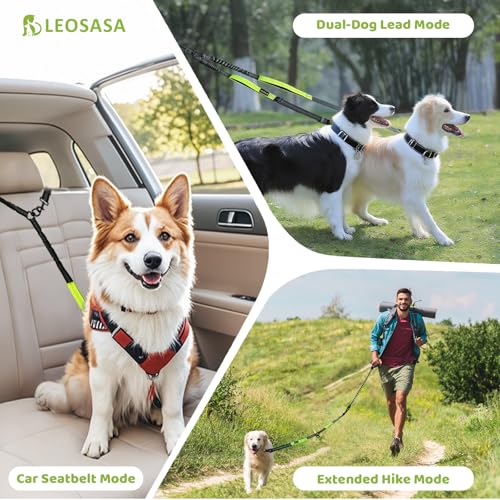Double Dog Leash - No Tangle Splitter for Two Dogs, Coupler with Adjustable Long Lead Rope, Dual Control Handles, Retractable No Pull Bungee, Walk Train Small Medium Large 2 Pets (Green) - color: Green