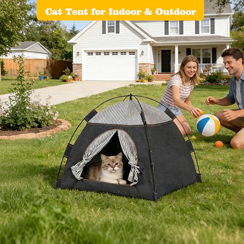 Gigreinc Cat Tent for Indoor & Outdoor - Breathable Mesh with Stylish Denim Plaid Pattern - Portable Cat House, Puppy Tent L Size (22.8×22.8×18.5 Inches) for 12-20 lbs. Pets.