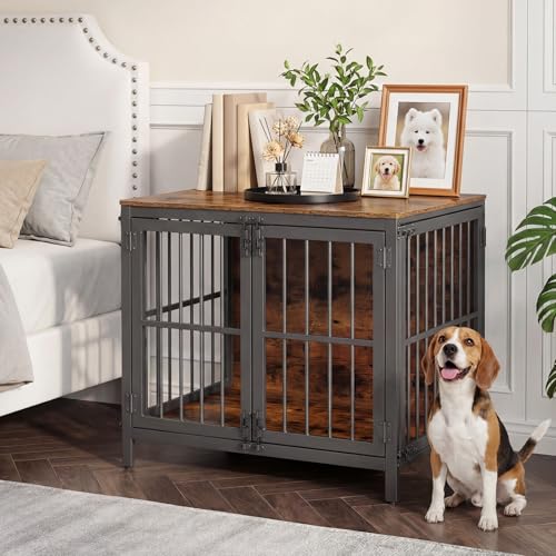 HOOBRO Heavy Duty Dog Crate Furniture, 31.5" Wooden Indoor Kennel with 3 Doors, Chew Resistant Metal Cage for Small and Medium Breeds, Dog Crate Side Table, Black and Rustic Brown BF81GW03 - color: Black and Rustic Brown, size: 31.5"l X 22.8"w X 27.8"h