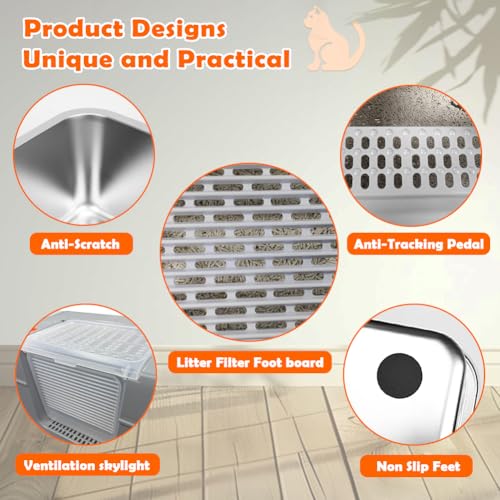 Vivifying Stainless Steel Litter Box with Lid, XL Side Entry Extra Large Litter Box for Big Cats & Kitty, Removable Enclosed Metal Cat Pan with High Sided Enclosure, Scoop, Mat, Footboard (Gray) - color: Gray