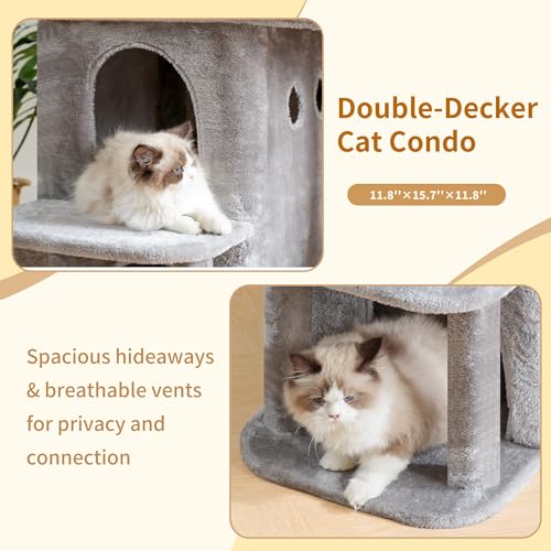 Heybly Cat Tree, 26.3-inch Cat Tower with Spacious Top Perch for Large Cats, Stair-Style Cat House Furniture with Dual-Layer Condos, Sisal Scratching Posts, Cozy Basket & Pompom, Light Gray HCT204SW - color: Light Gray, size: 26.3 Inch