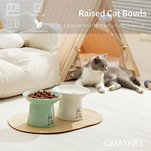 6.5 Inch Extra Wide Raised Cat Bowls, Ceramic Elevated Cat Bowl for Food and Water, Wide Shallow Cat Food Dish, Whisker Fatigue, Protect Spine, Lead & Cadmium Free, White & Green - color: White & Green