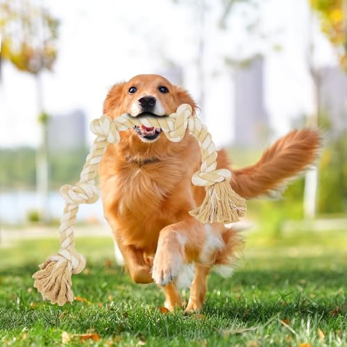 Bmag Dog Rope Toys for Aggressive Chewers, Interactive Heavy Duty Dog Toys for Medium Large Dogs, Tough Twisted Rope Toy with 5 Knots(Beige) - color: Beige