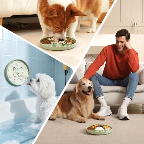 Slow Feeder Dog Bowl for Small Medium Dogs & Cats, 7.5 Inch Non Slip Slow Bowl with 37 Suction Cups, Anti-Choking Food Grade Silicone Slow Eating Bowl - color: Grey Green