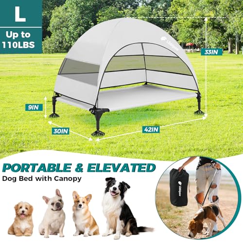 Windproof Elevated Dog Bed with Canopy & Stakes, 3-Sided 90% UV Block, Chew-Proof Teslin Mesh Mat for Large Dogs up to 150lbs(Grey Large) - color: Grey, size: Large