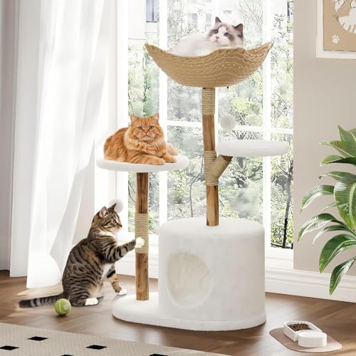 Modern Real Wood Cat Tree Tower, Luxury Aesthetic Cat Tree Condo with Platforms, Scratching Posts & Washable Mats, 43" Wooden Cats Tower Two Branch