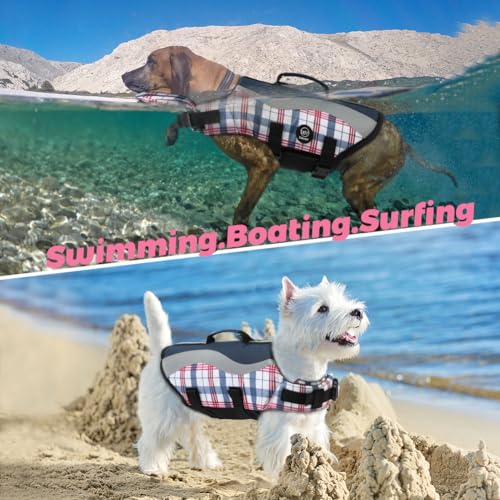 EMUST Dog Life Vests, Adjustable Dog Life Jackets for Small Dogs with Enhanced Buoyancy, Small Swim Vest with Durable Rescue Handle, Navy Check, XS - color: NavyCheck, size: XS
