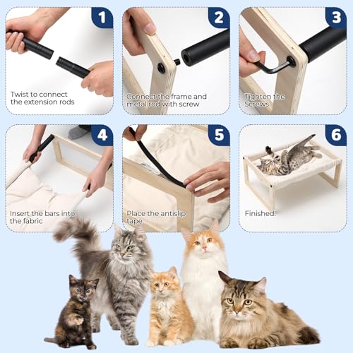 Cat Bed with Removable Washable Cushion, 9.5" Elevated Wooden Cat Hammock Bed, 360° Visibility Dog/Cat Cot with Cozy Winter Pads for Kitty, Puppy, Rabbit and All Pets - color: Cream Color (Thick)