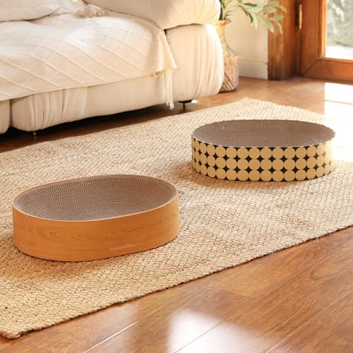 FUKUMARU Cardboard Cat Scratcher Bed, 2-in-1 Oval Cat Scratch Pad, Cats Scratching Board Lounge Bed Indoor, Durable Modern Kitty Scratcher Bowl, Cats Scratch Furniture Protector, Wood Color - color: Wood