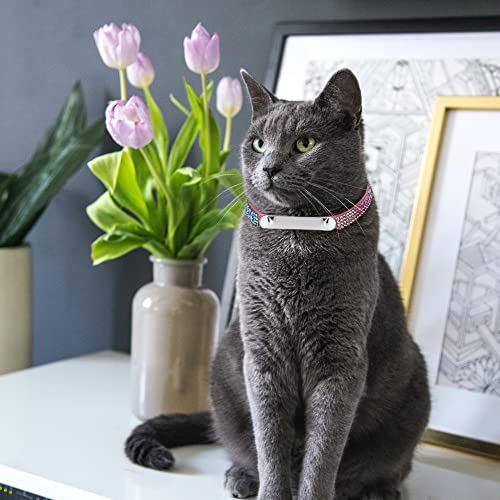 Personalized Cat Collar Breakaway Diamond Rhinestone with Bell, Customized Bling Kitten Pet Collar Adjustable with Engraved ID Name Plate (Pink) - color: Pink