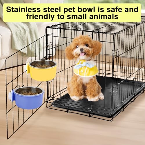 Hamiledyi 2-Pack Hanging Dog Bowls with Removable Stainless Steel Feeder - Spill-Proof Crate Bowls for Kennel/Cage, Puppy to Medium Dogs, Cats, Rabbits & Guinea Pigs (Durable Pet Food & Water Dishes) - color: B:Dark blue + Yellow