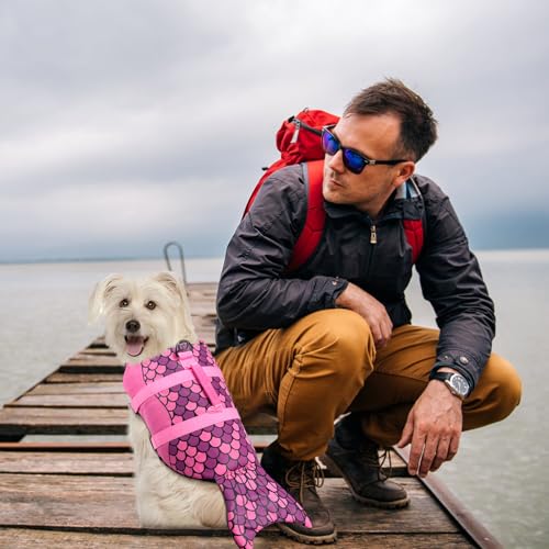Mermaid Dog Life Jacket, Pink Ripstop Dog Life Vest for Swimming & Boating, High Buoyancy Adjustable Pet Vest with Durable Rescue Handle & D-Ring, for Small/Medium/Large Dogs (Mermaid, L) - size: Large