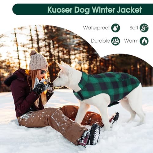 Kuoser Dog Winter Coat, Reversible Dog Jacket, Warm Doggie Coat British Style Puppy Cold Weather Vest, Windproof Pet Clothes Vest for Small Dogs, Green S - color: Green Plaid, size: S (Chest Girth: 13.8-17.3'')