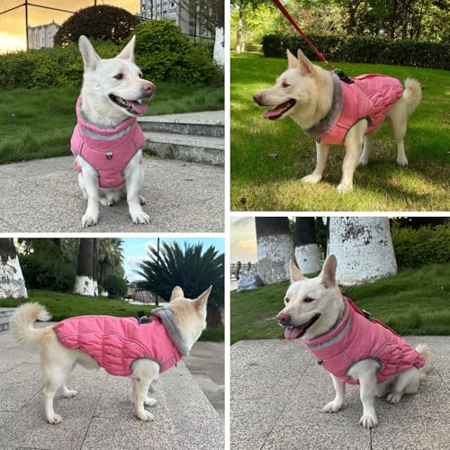Dog Coat, Reflective Dog Jacket Waterproof Windproof Puppy Cold Weather Coats with Harness Built in, Winter Extra Warm Pet Coat Fleece Vest for Small Large Pets and Puppy (Pink, XXX-Large) - color: Pink, size: XXX-Large