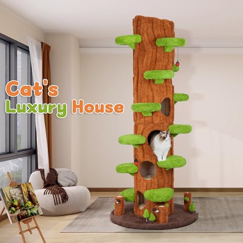 KAMABOKO 90.5" Tall Cat Tree for Indoor Cats, Large Cat Tower with Luxury Cat Condo, Cat Tree Tower with Soft Cushion, Scratching Board, Plush Platform& Top Perch, Green - size: 90.5''H