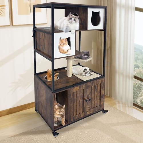 GarveeHome Cat Tree with Litter Box Enclosure 57.5 in H Wooden Cat Tower Cabinet with Wheels Dog Proof Corner Hidden Litter Box with Condo, Hammock and Scratching Post Retro Brown