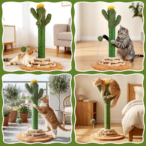 Cactus Cat Scratching Post Cat Tree, Cute Cat Scratching Post with Interactive Ball Two-Layer Track Spring Ball Toys, Standing Sisal Cactus Cat Scratcher for Indoor Cats and Kittens