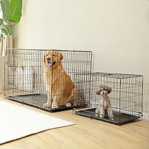 Dog Crate Kennel, 36 Inch Metal Pet Cage Double Door W/Divider Panel, Folding Travel Indoor Outdoor Dog Kennel Leak-Proof Plastic Tray Wire Animal Cage - size: 36.61"L x 22.64"W x 24.21"H