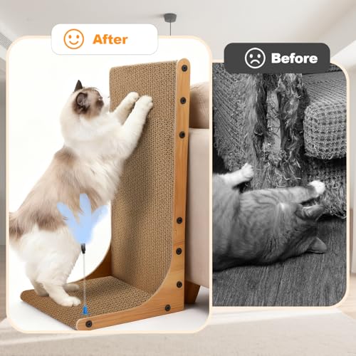 Goosheep Cat Scratching Post, 3-in1 Scratching Board for Indoor Cats, 2PK 22in L-Shaped Cat Scratcher with 1PK Cardboard Box Scratch Pad, Cats Scratch Furniture Protector with Feathered Toy - color: 2pk 22in L-Shape Cat Scratcher with Box