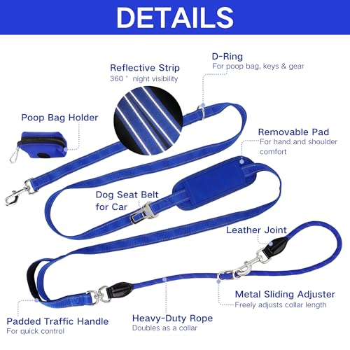 10FT Hands Free Dog Leash for Small Medium Large Dogs, Heavy Duty Reflective Dog Leash with Traffic Handle, Seat Belt Buckle & Poop Bag Holder (Navy Blue) - color: Navy Blue, size: 10FT