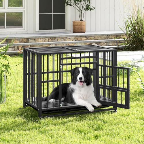 PETSITE 37 Inches Foldable Metal Dog Crate, Heavy Duty Dog Cage with 3 Lockable Doors, Removable Tray, 4 Lockable Universal Wheels, Indoor or Outdoor Dog Kennel for Small Medium Sized Dogs
