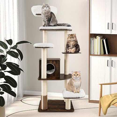Tangkula Tall Cat Tree, 71-Inch Cat Tower with Multi-Layer Platform, Modern Wood Cat Tree with Sisal Scratching Posts, Self Groomer, Cat Condo, Washable Cushions for Large Cats 20 lbs Heavy Duty - color: Brown