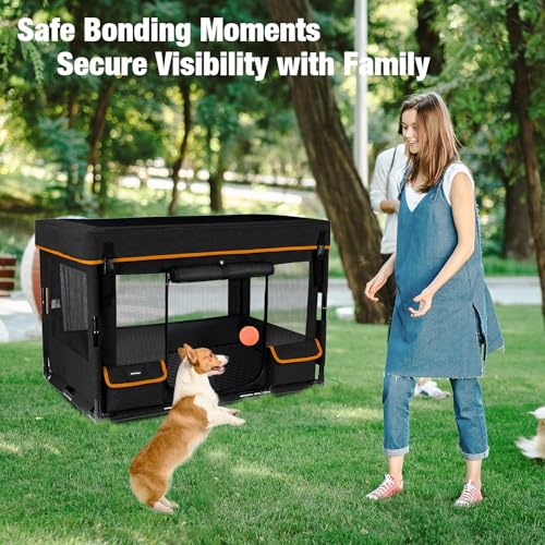 Durable Dog Playpen with Iron Frame, Heavy-Duty Pet Tent with Waterproof Base & Mesh Sides for Indoor Outdoor Use, Black - color: Black