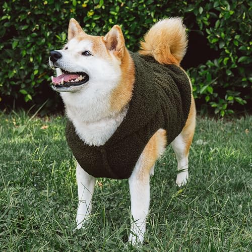 Tuff Pupper Fleece Dog Hoodie Sweater | Teddy Sherpa Outer & Soft Polar Fleece Lining | Adjustable Fit Winter Coat with Hood, Leash Hole, Ribbed Cuffs | for Small Medium Large XL XXL Dogs (Olive, M) - color: Olive, size: 25-40 lbs (Medium)