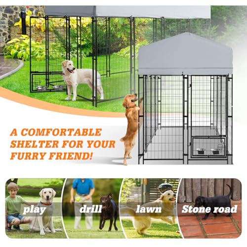 8x4x6 FT Outside Large Dog Kennel with roof - Outdoor Heavy Duty Welded Wire Steel Dog Playpen with Rotating Bowls, Dog Run Enclosure Crate Cage with Lockable Doors for Chicken, Rabbit