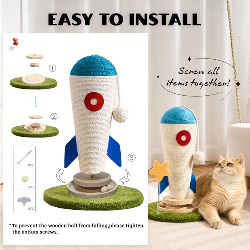 Cat Scratching Post, Rocket Cute Sisal Cat Scratcher with Durable Solid Wood Turntable Toy, Cat Scratch Post Red Cat Scratcher with Spinning Star Toy for Indoor Adult Cats - color: Blue Rocket