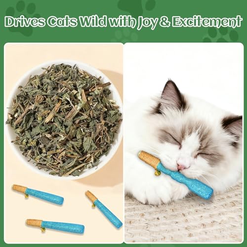 4 Pack Hand-Rolled Catnip Sticks with Chew Rope & Bell -Shaped Cat Toys for Indoor Cats and Kicker Toys, Teething Chew and Play Fun (Blue) - color: Blue