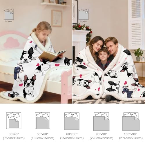BlessLiving Boston Terrier Sherpa Blanket Queen Size 90x90 Inches - 3D Red Hearts Puppy Dog Print Super Soft Plush Fleece Throw for Adults, Women, Pet Lovers, Cute Animal Themed Gift - color: Boston Terrier, size: Queen, 90 x 90 Inches