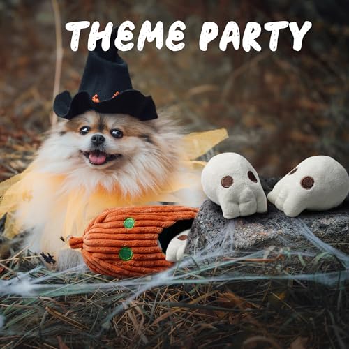 Nocciola Halloween Dog Toys 4 PCS, Pumpkin + 3 Skull Squeaky Dog Toy for Small Puppy Dog to Keep Them Busy, Durable Plush Hide and Seek Dog Toys for Small Medium Dogs - style: Pumpkin & Skulls