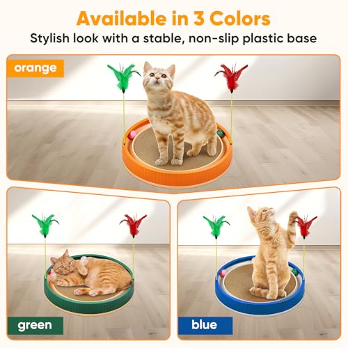 Extra-Large Round Cat Scratcher Bed with Ball Track – 3-in-1 Circular Cardboard Scratching Pad with Feather Toys – Interactive Cat Toy Round Track for Large Breeds Like Maine Coons (Orange) - color: Orange
