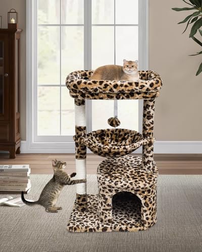 SYANDLVY Small Leopard Print Cat Tree for Indoor Cats, Cat Tower with Scratching Post, Modern Cat House with Padded Perch, Kittens Condo with Cradle, Cat Cave - color: Leopard Print