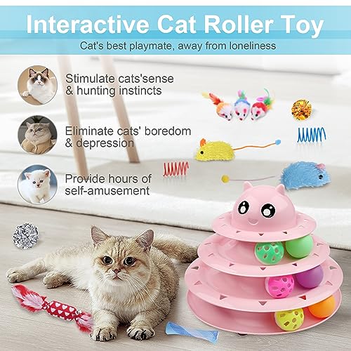 UPSKY 24 PCS Cat Toys, 3-Level Turntable Kitten Toys Set, Interactive Cat Roller Toys for Indoor Cats, Catnip Toys, Cat Teaser Toys, Mice Toys, Spring Toys, Various Ball Toys for Kitty - color: D-24PCS-Pink