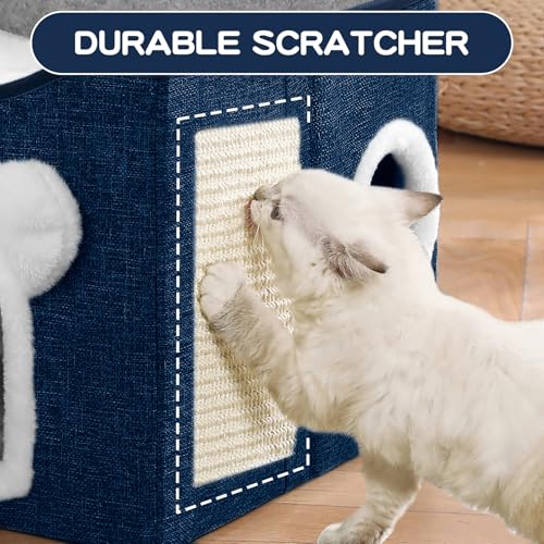 Cat House for Indoor Cats, Large Cat Bed Cave with Scratch Pad and Fluffy Ball, Foldable Cat Hideaway Condo, Kitten Bed, 16x16x13inch (Blue, Large) - color: Blue