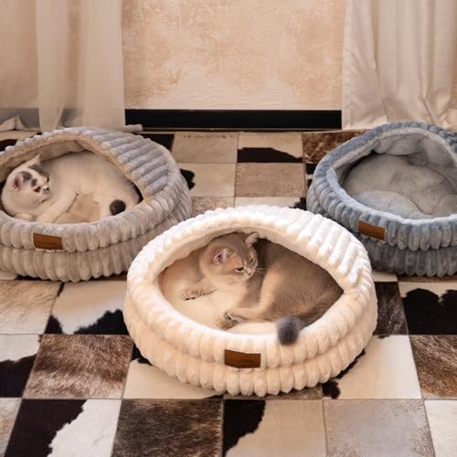 Cat Cave Bed for Indoor Cats, Washable Covered Cat Bed Hooded Kitty Bed Soft Fluffy Pet Bed for Puppy and Small Dog(Dark Blue) - color: Dark Blue
