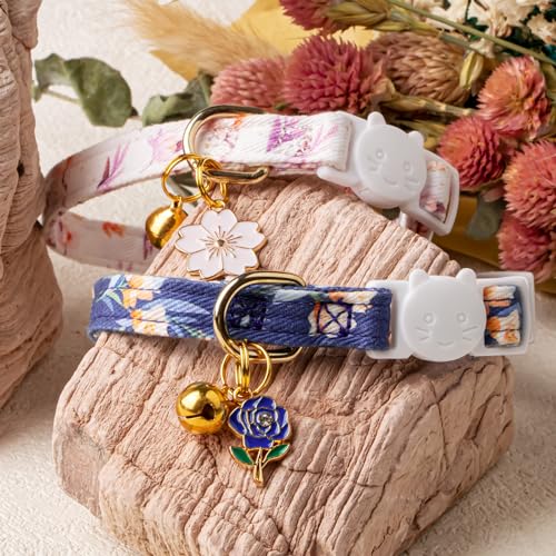 2 Pack Cotton Breakaway Cat Collar White and Blue Flowers Pendant Cute Kitten Cat Collar with Bell - color: White&Blue