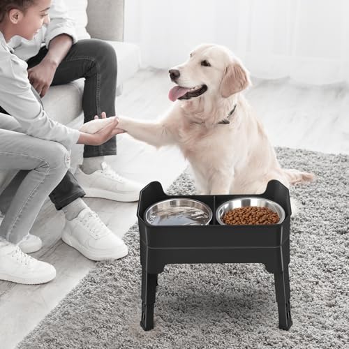 KPWACD 3-in-1 Elevated Dog Bowls Mess Proof Raised Slow Feeder Dog Bowls, 4 Height Adjustable Stand Licking Plate with 2 56oz Stainless Steel Doggy Food Dish for Small Medium Large Pets - color: Black, size: 2 Stainless Steel Bowls + Slow Feeder