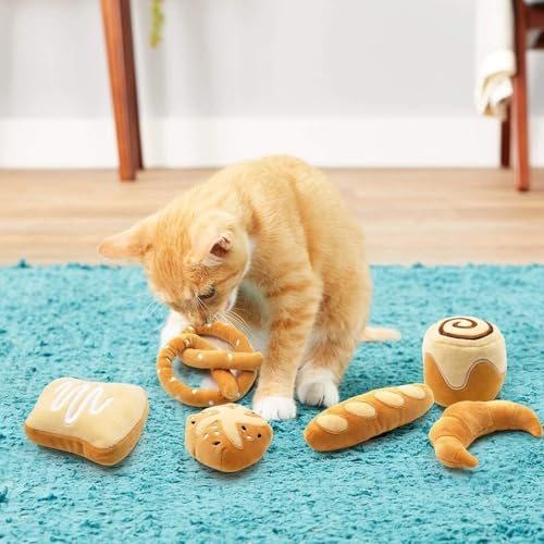 CiyvoLyeen Bread Catnip Toys, Cat Toy for Indoor Interactive Toys, Kitten Chew Bite Kick Toy Baguette Croissant Pretzel Toast Bun Cinnamon Roll Plush Catmint Pet Birthday Presents 6 Pack - color: Bread - 6Pcs
