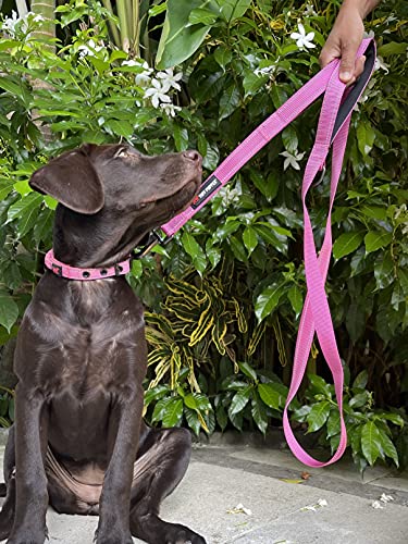 Tuff Pupper Heavy Duty Double Handle Leash | Twist Locking Carabiner Clip | Safety Lock for Strong Dogs | Reflective for Safe Night Walks | 6 Foot Leash for Medium & Large Dogs - color: Hot Pink